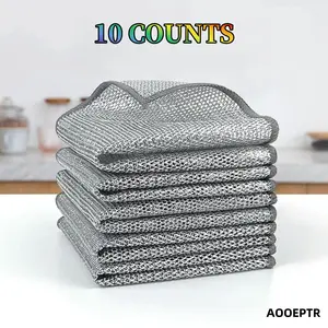 AOOEPTR 10 Counts Non-Scratch Wire Dishwashing Rags for Wet and Dry Use, Reusable Wire Cleaning Cloths for Kitchen, Sinks, and Pans Silver Removable Household Room Hand Cleaner Steel Pot Towels