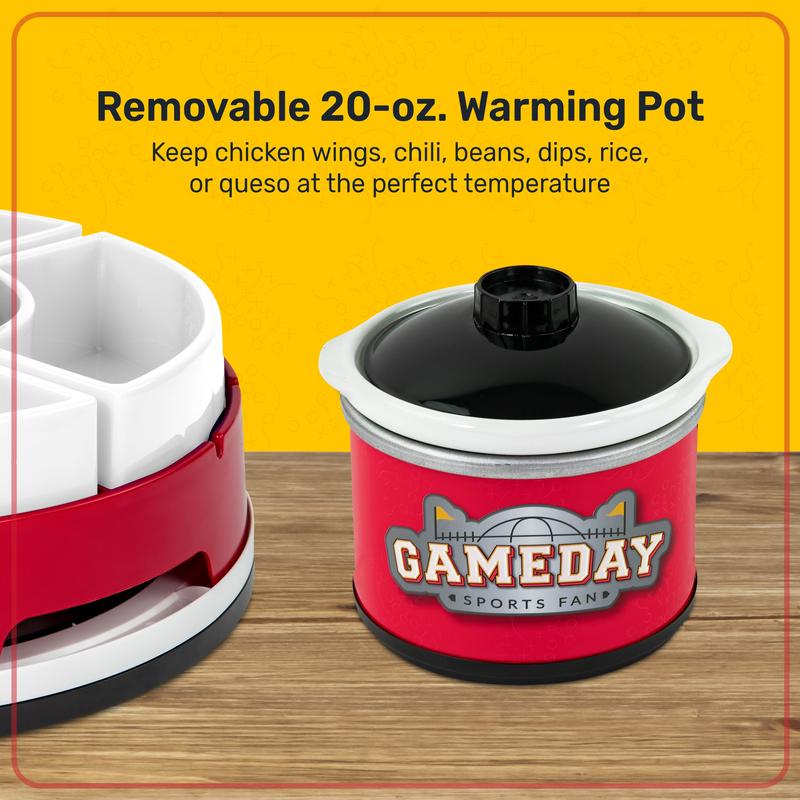 Game Day Lazy Susan Appetizer Server 20-OZ Ceramic Heating Pot with 6-Section Tray for Dippable Snacks