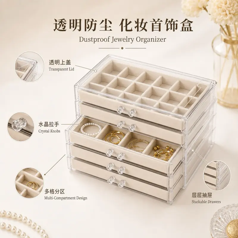 Dustproof Jewelry Organizer with Transparent Lid Crystal Knobs Multi-Compartment Design Stackable Drawers for Jewelry Storage