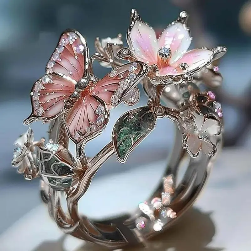 Women's Blush Pink Open Ring with Delicate Shiny Drop Oil Butterfly Flower & Rhinestone Decor, Beautiful Jewelry Ring, Beautiful Rings, Rhinestone Decor Ring