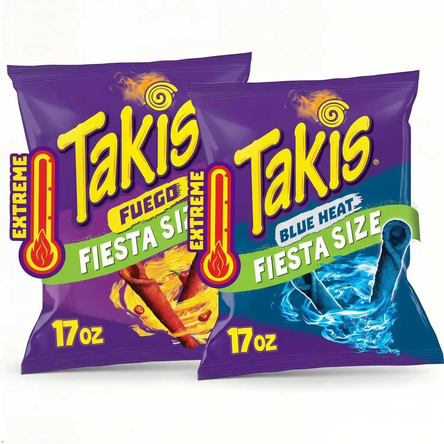 Takis Fuego and Blue Heat Rolled Tortilla Chips Bundle (17 oz Fiesta Size) Spicy Snack Bags