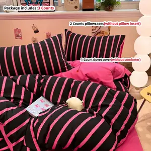 3pcs black and hot pink /black white Striped Bedding Set, Includes 1 Fitted Sheet and 2 Pillowcases, Zippered, Soft Fabric, All Seasons