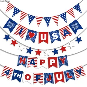 2026 4th of July Banner Decorations, USA Flag Star Garland with Fireworks, Hearts and Patriotic Red White Blue Pennants for Independence Day Party Decor, Memorial Day, Veterans Day, BBQ, Porch and Backyard Celebrations