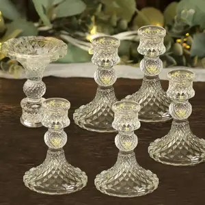 6-Pack Glass Taper Candlestick Holders 4" Diamond Pattern Design Clear - Reversible Crystal Pillar Votive Stands