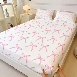 Light Pink Watercolor Bow Fitted Sheet Set, 1 Fitted Sheet + 2 Pillowcases, Coquette Aesthetic Ribbon Print Bedding, Soft Breathable Microfiber Bed Linen for Girls Teens, Wrinkle & Fade Resistant