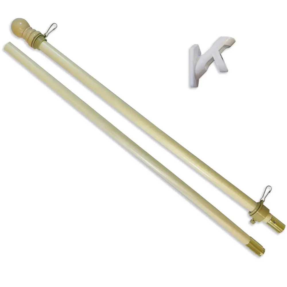 5ft Light Wood Flag Pole & Bracket Complete Kit with Brass Components, ABS Plastic Parts, Anti-Tangle Rings - Prevents Flag from Tangling, Mounts Easily for Home Improvement, Outdoor Garden Decor