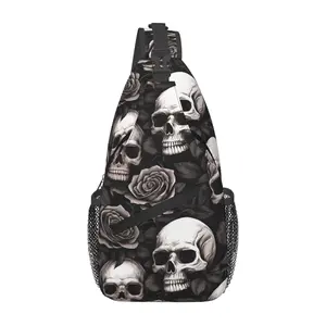 Crossbody chest bag, men's chest bag, skull and white rose shoulder bag, hiking backpack, foldable, large capacity, fashionable and durable, can be used for shopping, work, leisure travel, etc
