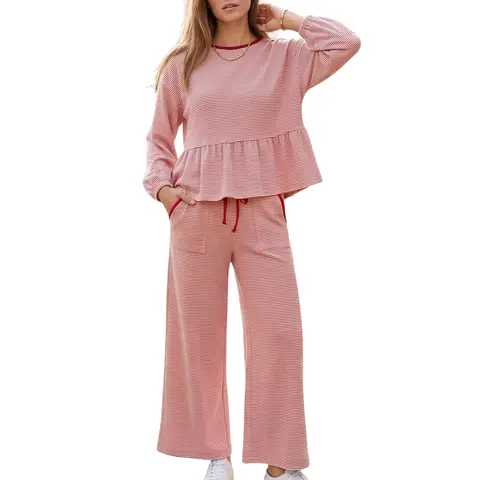 Buenoble Women Striped 2 Piece Outfit Set Ruffle Peplum Long Sleeve Top Wide Leg Pants Knit Loungewear Set Casual Loose Matching Set