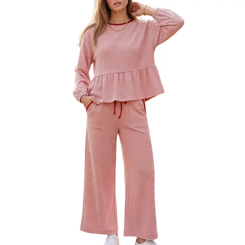 Buenoble Women Striped 2 Piece Outfit Set Ruffle Peplum Long Sleeve Top Wide Leg Pants Knit Loungewear Set Casual Loose Matching Set