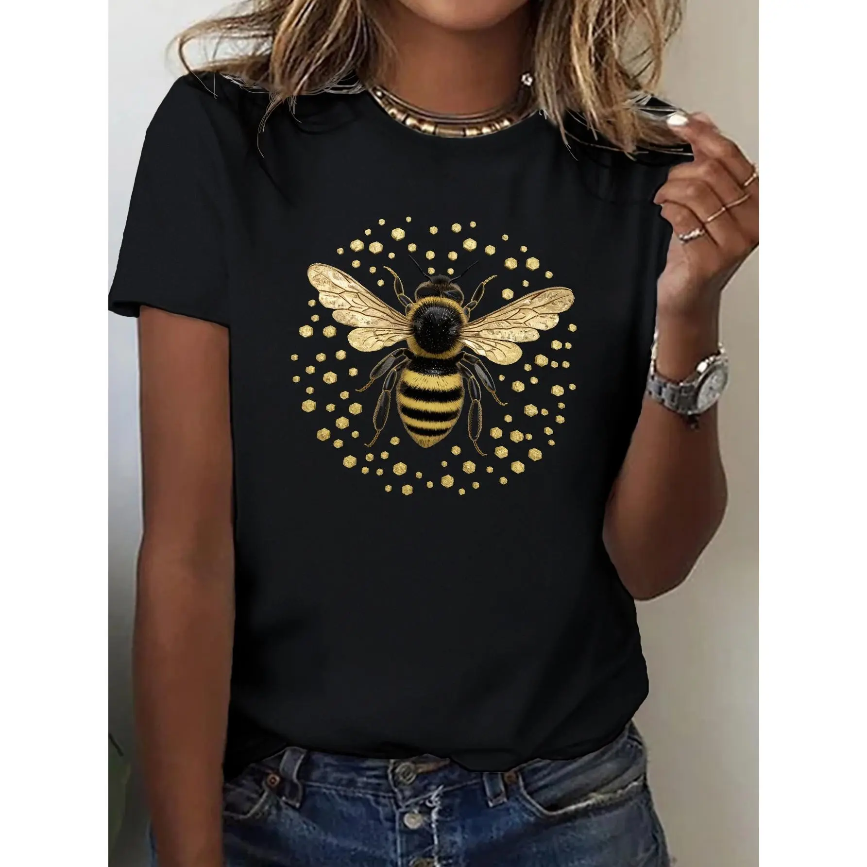 Women's Bee Graphic T-Shirt, 100% Cotton Minimalist Fitted Shortsleeve Round Neck, Breathable Summer Streetwear Top for Easter