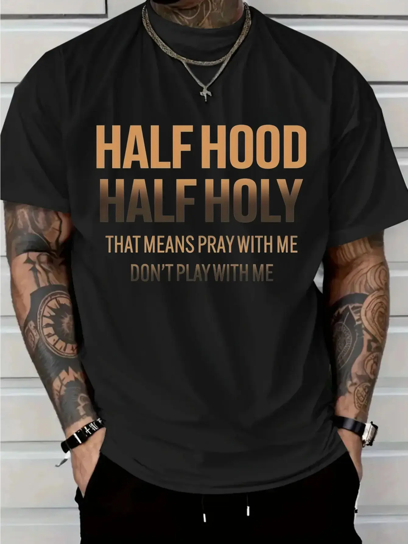 Men's "Half Hood Half Holy Pray with Me Don't Play with Me" Graphic T-Shirt - White with Bold Brown Lettering, Urban Streetwear Statement Tee, 100% Cotton Short Sleeve Round Neck Casual Shirt, All-Season Comfort, Machine Washable, Bold Christian Faith App