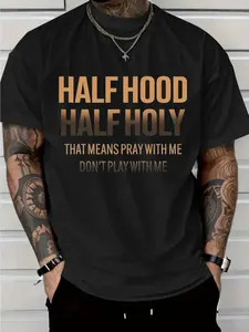 Men's "Half Hood Half Holy Pray with Me Don't Play with Me" Graphic T-Shirt - White with Bold Brown Lettering, Urban Streetwear Statement Tee, 100% Cotton Short Sleeve Round Neck Casual Shirt, All-Season Comfort, Machine Washable, Bold Christian Faith App