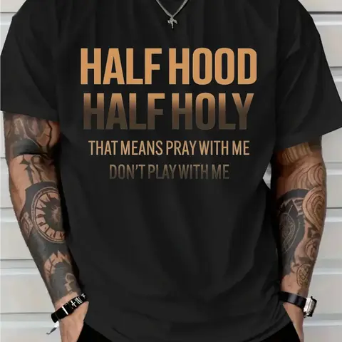 Men's "Half Hood Half Holy Pray with Me Don't Play with Me" Graphic Tee - White, Bold Brown Lettering, 100% Cotton Short Sleeve Crew Neck Menswear Basic Clothing, Urban Streetwear Christian Faith Statement Top, All-Season Comfort, Machine Washable