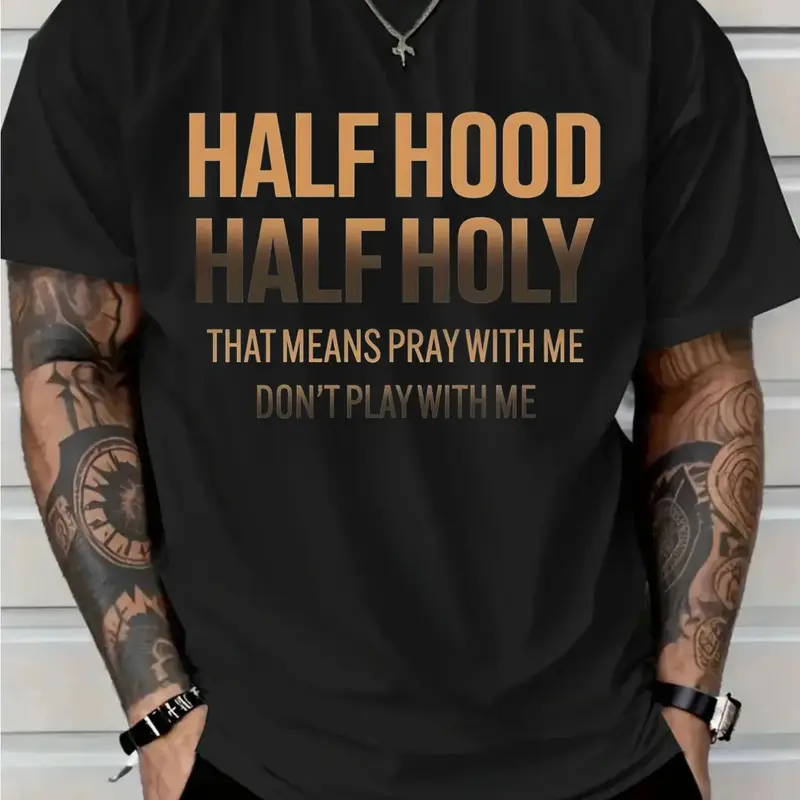 Men's "Half Hood Half Holy Pray with Me Don't Play with Me" Graphic Tee - White, Bold Brown Lettering, 100% Cotton Short Sleeve Crew Neck Menswear Basic Clothing, Urban Streetwear Christian Faith Statement Top, All-Season Comfort, Machine Washable