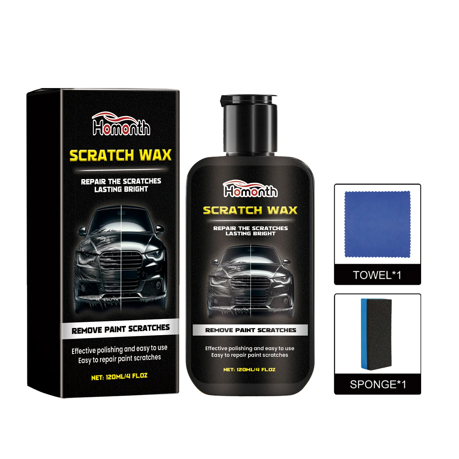 Homonth Car Scratch Repair Wax - 120ml with Sponge & Towel for Effective Polishing & Scratch Removal - Restore Car Paint Shine scratch repair wax premium car scratch remover kit auto detailer