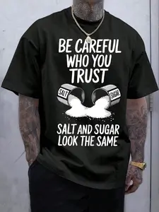 Men's Funny Gym Fitness T-Shirt With Salt & Sugar Trust Graphic Print - 200g Heavyweight Relaxed Fit Short Sleeve Crew Neck Casual, Workout, Streetwear, Shirt For Summer - Salt Shaker Design For Salt Lovers (Machine Washable) - Black With White Sal