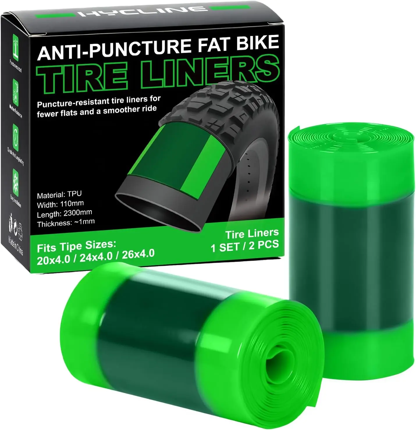 Hycline 2 Pack Fat Tire Liners, Puncture-Proof TPU Inserts, 110mm Wide for 20/24/26 x 4.0" Tires, Fits Adult Mountain Bike and Cruiser Bike, Adults, Commuting