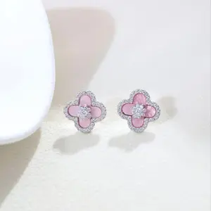 Clover Stud Earrings for Women Lucky Four Leaf Pink Enamel Cubic Zirconia Micro Paved Elegant Dainty Jewelry for Daily Wear Party & Anniversary Gift