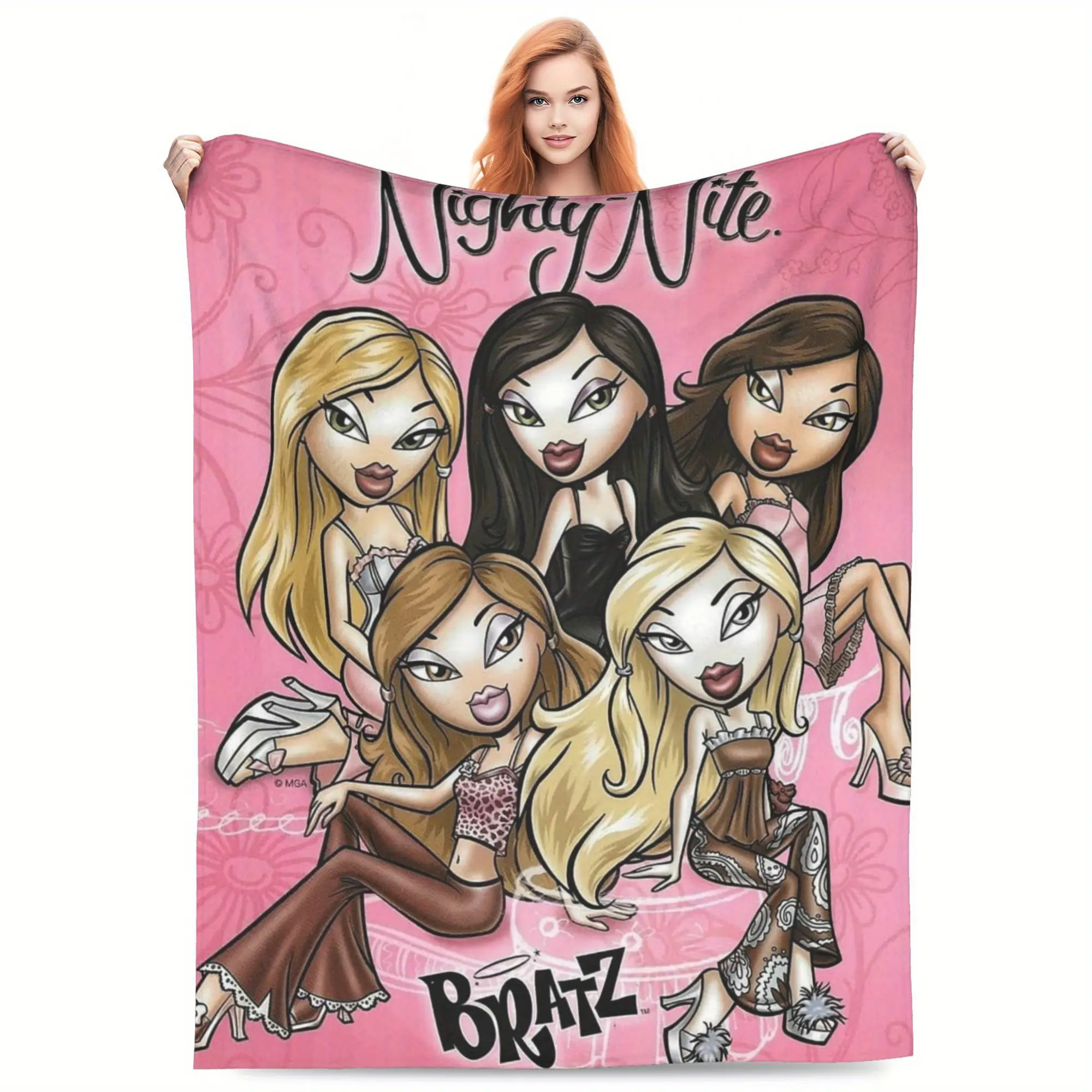 Ultra-Soft Bratz-Themed Flannel Throw Blanket - Vibrant Pink Retro Design with Cartoon Style Enthusiasts, Lightweight & Cozy for Couch, Bed, Travel, A