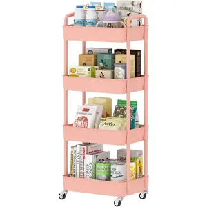 4-Tier Plastic Rolling Utility Cart with Handle, Multi-Functional Storage Trolley for Office, Living Room, Kitchen, Movable Storage Organizer with Wheels,