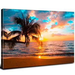Beach Wall Art Palm Tree Wall Art Bathroom Sunset Coastal Landscape Pictures Tropical Wall Decor for Living Room Canvas Ocean Seascape Poster Nature Painting Print Bedroom Office Home Decoration