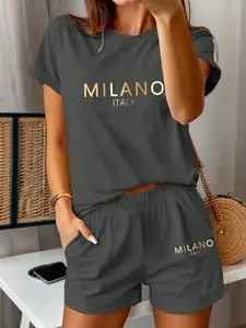 Women's Summer Casual Short Sleeve Tee & Shorts Matching Set, Milano Italy Gradient Letter Print, Fitted Round Neck, 2 Piece Set, Knit