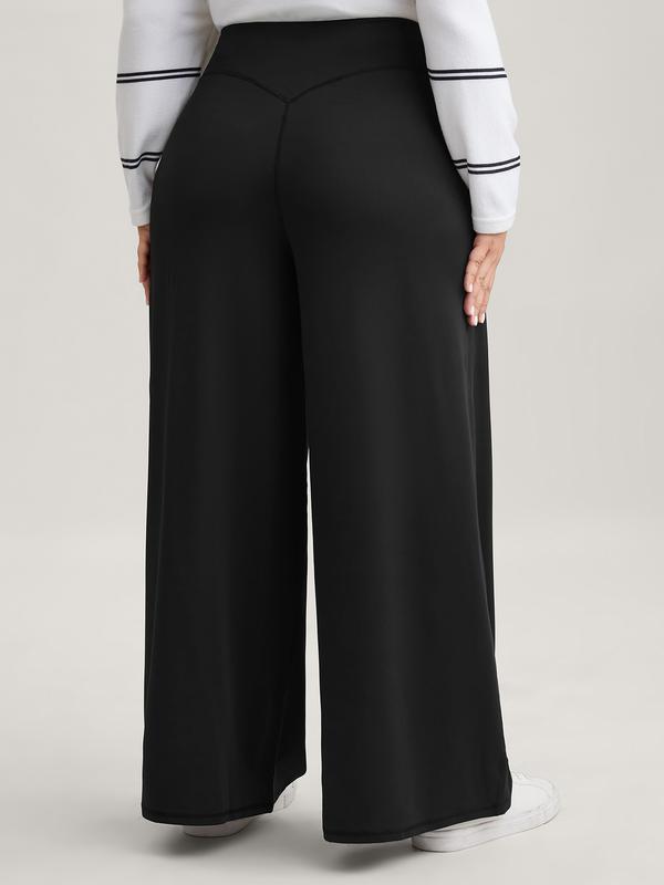 BLOOMCHIC Super Stretchy Wide-Leg Casual Pocket Pants Fit Black Minimalist Everyday Bottoms  thick thigh pants work outfits women baggy pants wide leg sweatpants cargo pants capri pants outfit