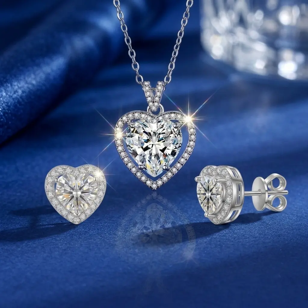 925 Sterling Silver Heart Jewelry Set for Women, Halo Zircon Pendant Necklace and Studs, Romantic Gifts for Daily Wear or Parties, Romantic Gifts For Women