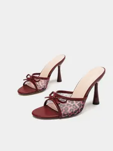 Women's Summer Breathable Mesh High Heel Sandals, Leopard Print Bow Design, Square Toe, Wine Glass Heel, //, Party & Casual Wear Footwear