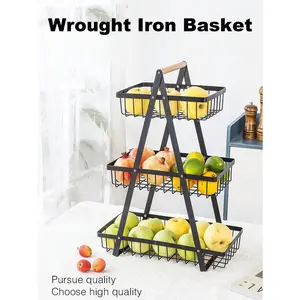 1pc Fruit Basket, 2/3 Tier Fruit Bowl, Kitchen Counter Metal Wire Storage Basket With Handle, Fruits Stand Holder Organizer For Bread Snack Veggies Produce, Display Tray, For Fruit Vegetable Storage And Display, For Kitchen And Living Room, Black