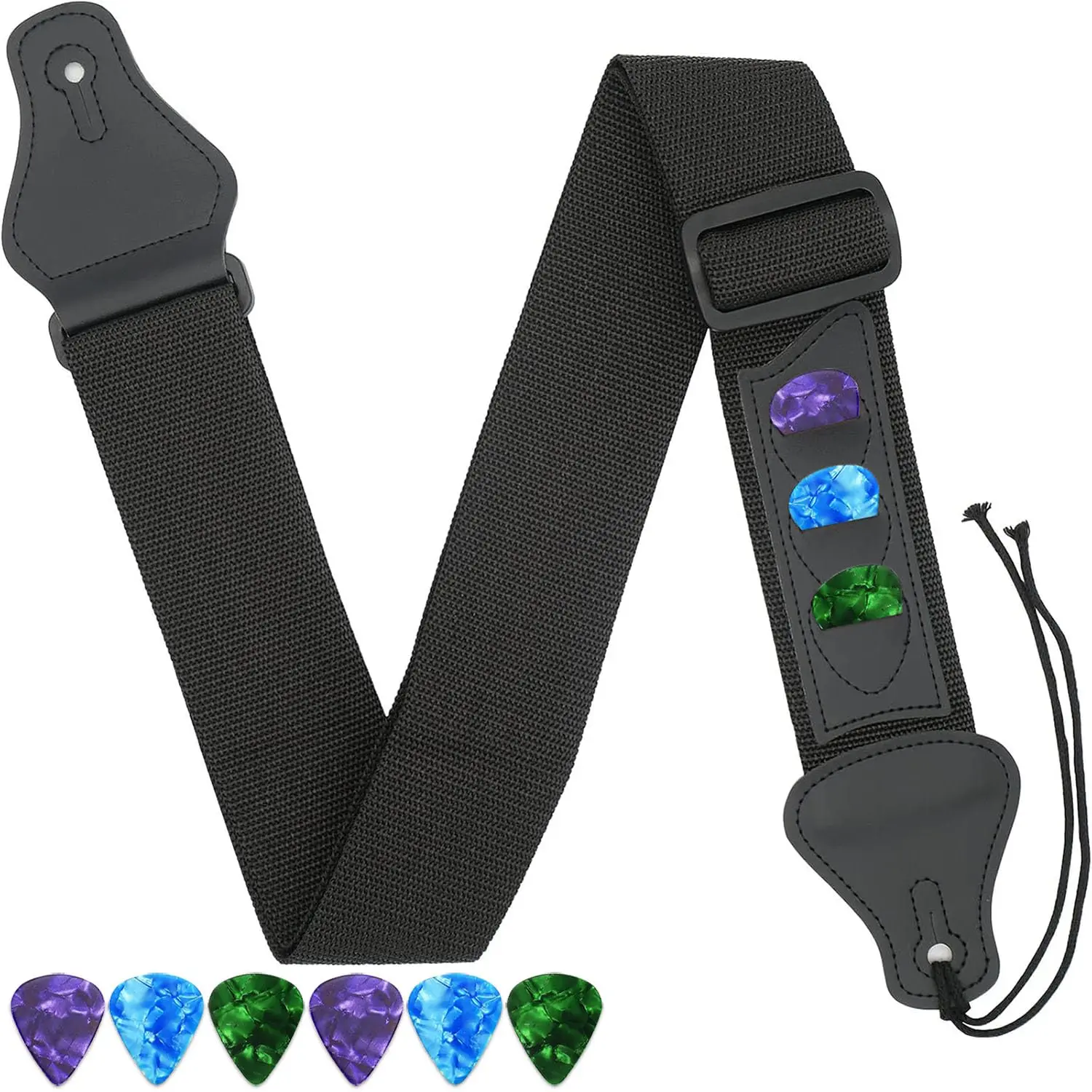 Black Guitar Strap with 3 Built-In Pick Holders, 6 Free Guitar Picks Included, Easy Install Universal Strap for Acoustic Electric Guitar Bass Ukulele
