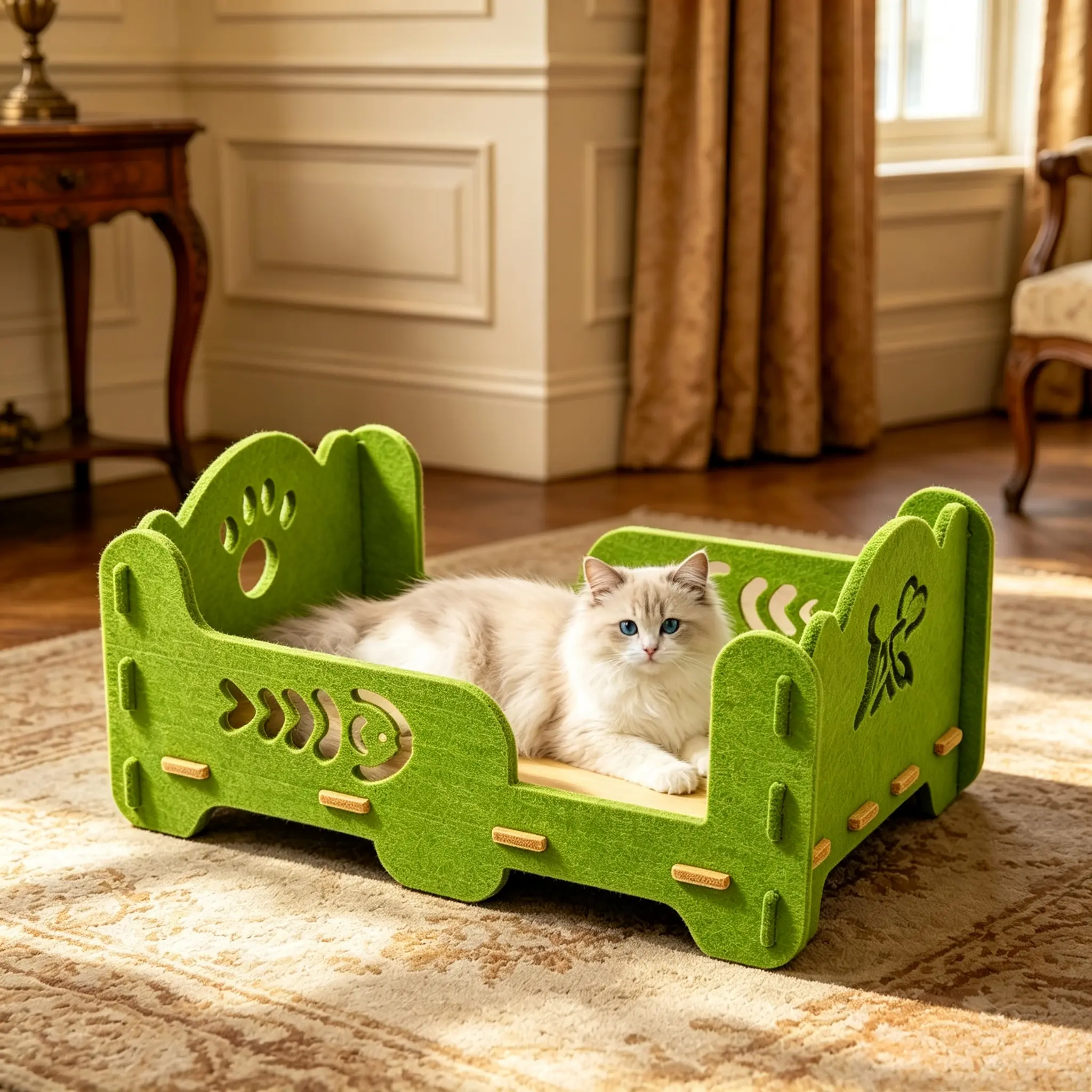Soft Wear Resistant Felt Cat Bed with Cute Hollow Fish Bone & Paw Cutout, Detachable Assemble Elevated Indoor Pet Napping Sofa Bed for Kittens Small Adult Cats Apartment Space Saving Pet Furniture,Rest Bed for Multi Cat Family Small Medium Cats