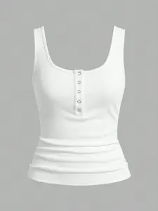 Summer Women's Casual Fit Sleeveless Top, Solid Button Round Neck Vest, Comfortable and Stylish, Perfect for Daily Wear, Ideal for Warm Weather
