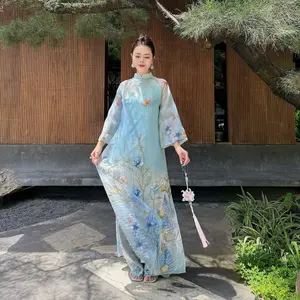 Áo dài Organza xanh đính kết - Áo Dài Vietnamese Traditional dress