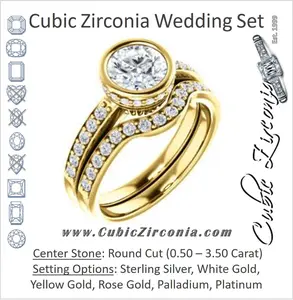 CZ Wedding Set, featuring The Monaco engagement ring (Customizable Vintage Round Cut Design with Crown-inspired Under-halo Trellis and Pavé Band)