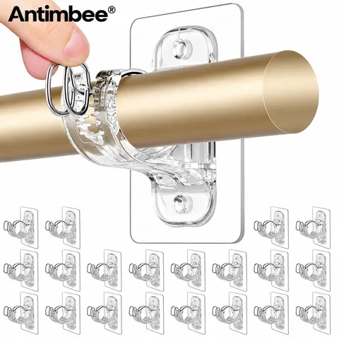 Antimbee 20-Pack Durable Smooth Stainless Steel Curtain Rod Brackets - No Drill, Nail-Free, Self-Adhesive, 15 lbs Capacity, 6-Size Rod Fit, Max 1.7", 6 Settings, Renter-Friendly Holders for Apartments