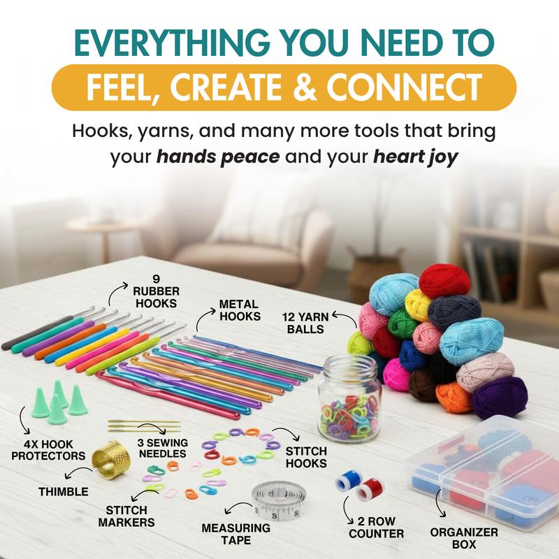 Crochet Kit | Crochet Starter Kit - 72 Pcs with 21 Ergonomic Knitting Hooks, 15 Yarns | Crochet Kit for Beginners |  Perfect for Art & Craft Supplies Handmade Gifts-Crochet kit for beginners-Ideal for Adult & Kids |  All -in-One Crochet Supplies Kit