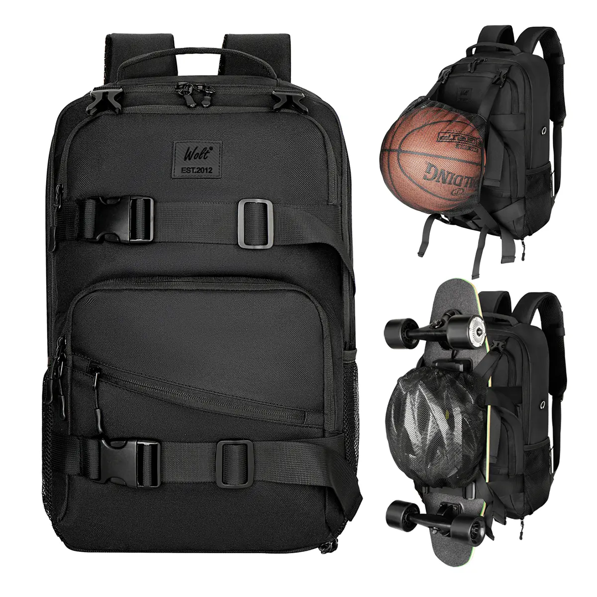 Wolt Men's Multifunction Skateboard & Longboard Backpack for Adults, Durable Sporty Travel & Gym Bag with 15.6" Laptop Slot, Helmet Holder, Anti-Theft Pocket, Carry Handle, Longboard Compatibility, Multifunction Backpack, 17.7 X 11 X 4.7 Inch, Padded Back