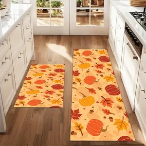 2Pcs Autumn Watercolor Pumpkin Maple Leaf Pinecone Harvest Season Flowers Thanksgiving Floor Mat Set Kitchen Rug Kitchen Restaurant Home Sink Laundry Room Decor Carpet Mat, Decorative