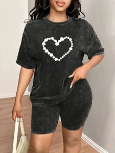 Spring & Summer Plus Size Sports Two-Piece Set with Geometric Print, Tie-Dye Washed Vintage Sporty Round Neck Short Sleeve T-Shirt and Shorts, Plus Size Women's Jogging Outfit