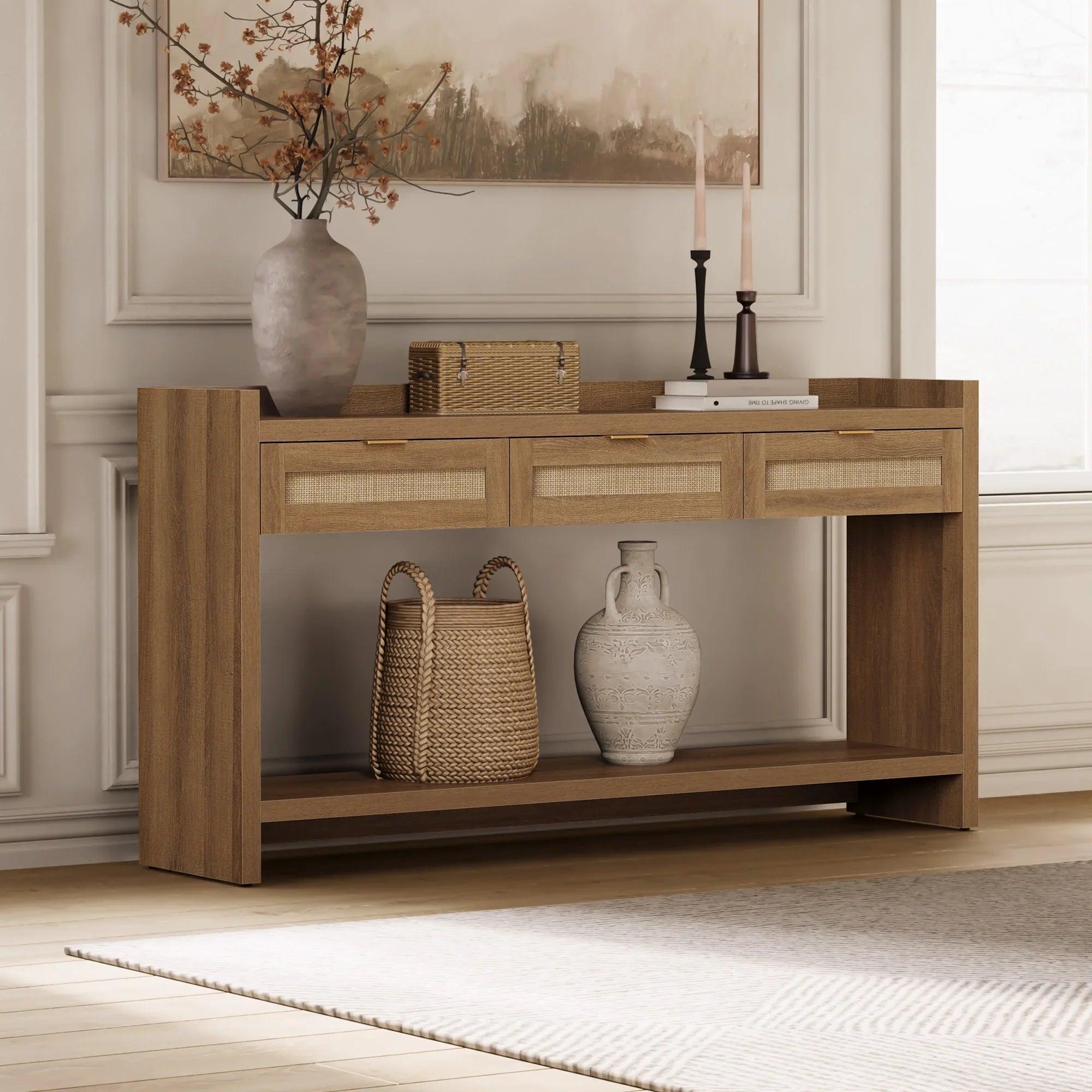 SICOTAS 60" Rattan Console Table for Entryway - Farmhouse Entry Table Sofa Table with 3 Drawers, Narrow TV Console Table with Storage for Living Room, Hallway, Couch