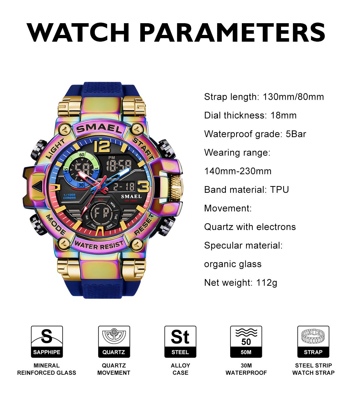 Men's Colorful Punk Style Quartz Watch, Jumpstart saleMulti.Functional Waterproof Dual Display Wristwatch,Tren, sportive analog-digital quartz watch, Birthday Giftwith Gift Boxfashionable wristwatch multifunctional men