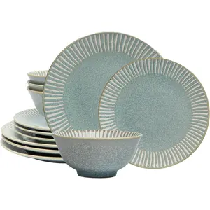 12-Piece Reactive Blue Dinnerware Set Bali Blue Elegant Table Setting for Every Occasion - & Dishwasher Safe Stackable