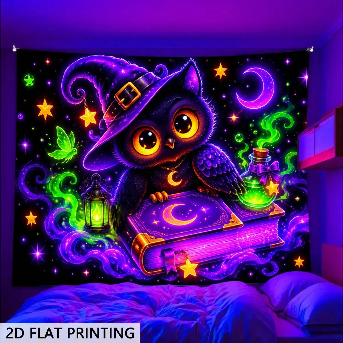 2D Flat, UV Glow Tapestry Suitable for Goth Room Decor - Fluorescent Mystic Wizard Backdrop with Glowing Purple Moon & Owl, UV Reactive Wall Hanging for Bedroom, Themed Parties, Retro Glow for Decoration, 2D Flat,family,dormitory