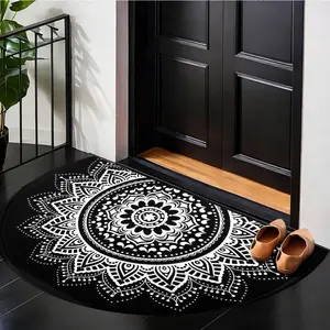 [Retro Sunburst Print Mat] 1pc Vintage Yellow & White Striped Welcome Doormat – Semi-Circular Non-Slip Design, Machine Washable Polyester Mat for Entryway, Porch, or Hallway, Perfect for Spring & Summer Decor, Porch Decoration | Durable Outdoor Mat