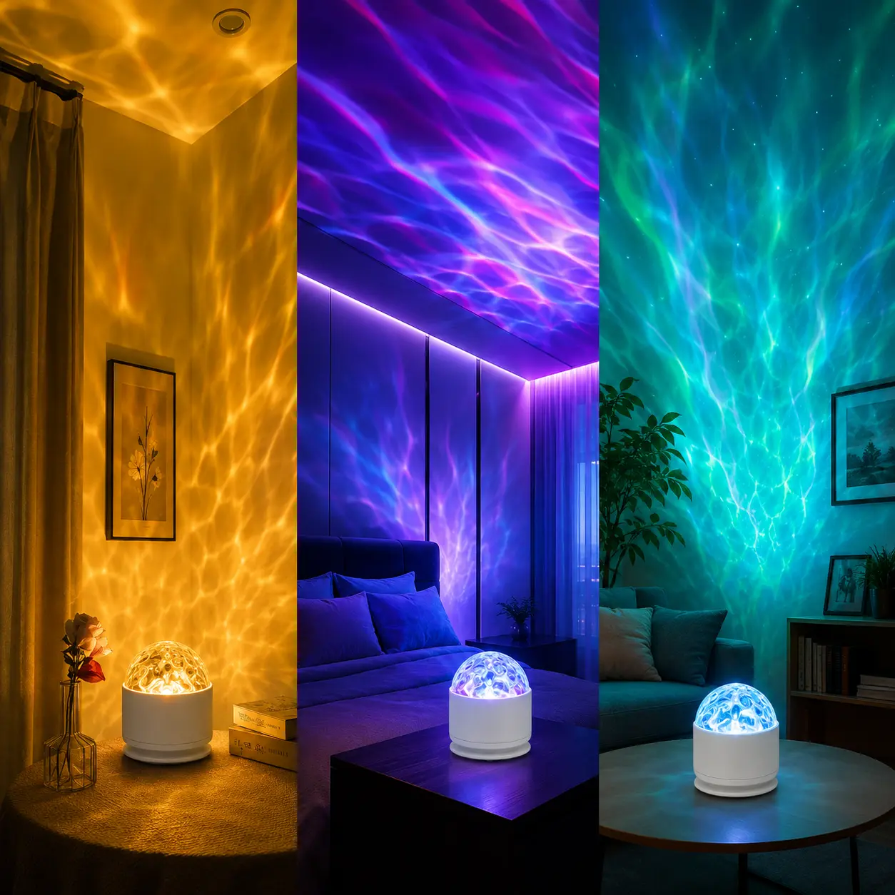 Round Aurora Projector Light, Scene‑Ocean‑Wave & 3D Water Ripple LED Night Lamp, 16‑Color Mode with Control, Creates Romantic Relax Vibe, Decor Accessory for Bedroom Dorm & Back‑to‑School Use