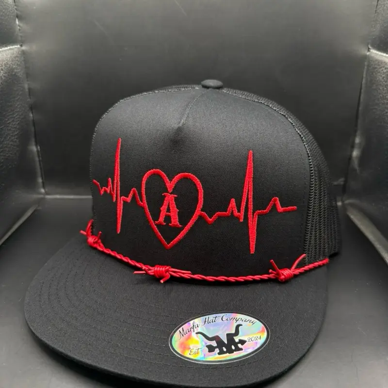 Love Line Hat Custom Initial Design Red Heartbeat by Marfa hat company