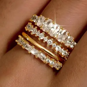 FIBO 4 Pairs Stackable Rings Set for Women Non 14K Gold Plated Tarnish Dainty Cubic Zirconia Wedding Bands Ring Set Minimalist Statement Engagement Ring Promise Thumb Rings Trendy Jewelry Gifts Size 5-10