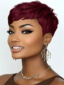 Short Straight Layered Human Hair Wig for Women, Natural, Daily Party Cosplay Gift Use, Pixie Cut, Burgundy Machine Made