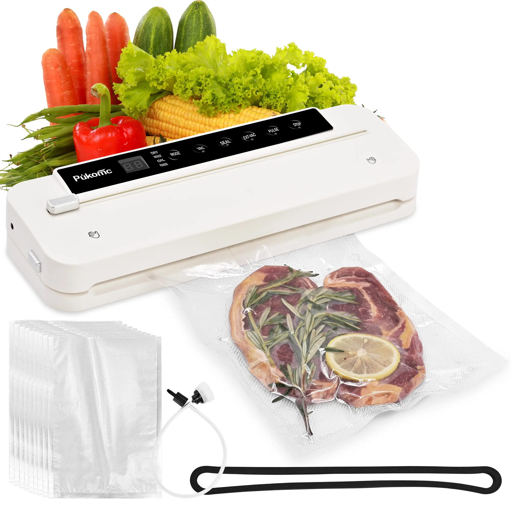 Pukomc 10-in-1 Vacuum Sealer, Auto with Built-in Cutter, Sous Vide Ready, Dry/Moist Modes, External VAC, LED Display, 10 Bags Included